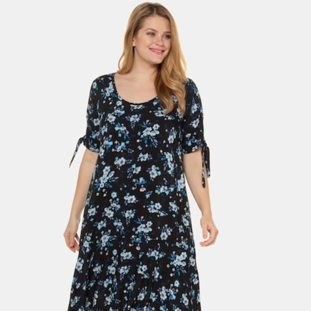 Ulla Popken Blue Floral Tie Sleeve Hi-Low Hem Knit Beach Dress Sz. 28